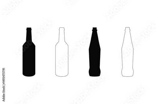 Beer and Wine Bottle Silhouette and Outline Vector Collection for Bar Pub UI and Logo Design
