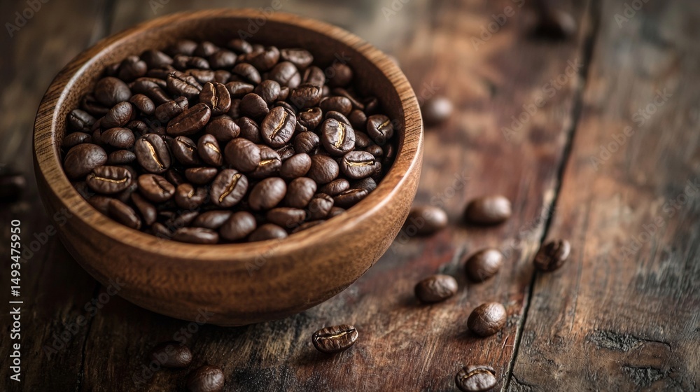 Fototapeta premium Roasted coffee beans in rustic bowl on wooden table for cafe and morning energy concept
