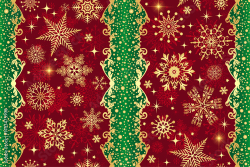 Vector Christmas seamless pattern with golden vintage snowflakes and red and green strips. For textile, wallpaper and packaging
