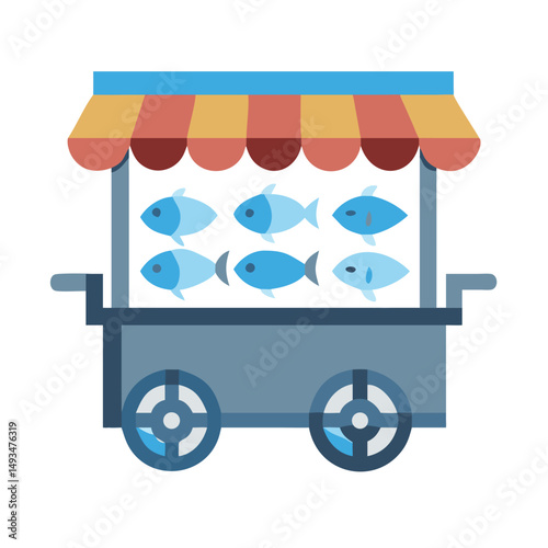Flat vector fish market stall illustration on black