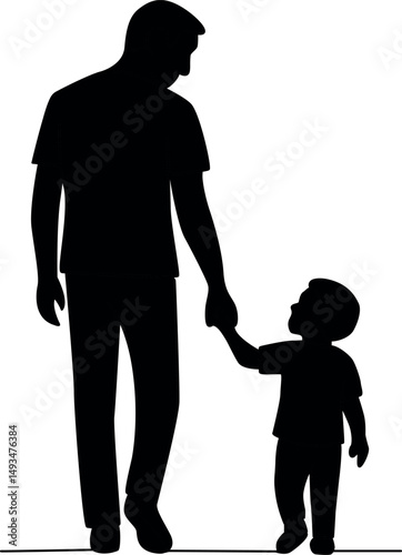Simple black siluet art of a father and son walking hand-in-hand. The child looks up at the parent. Minimalist style emphasizing their connection. Happy father's day