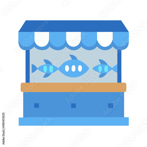 Stylized fish market stall with blue color scheme