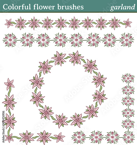 Colorful flower brushes, garland. You can draw any line or path and apply one of these brushes. You can also create frames in different shapes (round, square, etc.), as all brushes include tiles for 