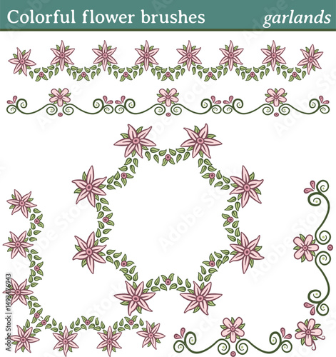 Colorful flower brushes, garlands. You can draw any line or path and apply one of these brushes. You can also create frames in different shapes (round, square, etc.), as all brushes include tiles for 