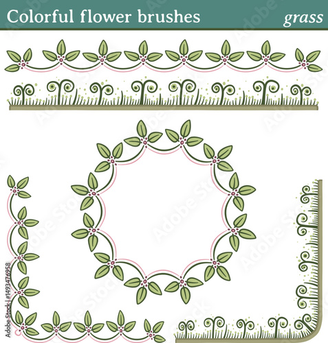 Colorful flower brushes, grass. You can draw any line or path and apply one of these brushes. You can also create frames in different shapes (round, square, etc.), as all brushes include tiles for 