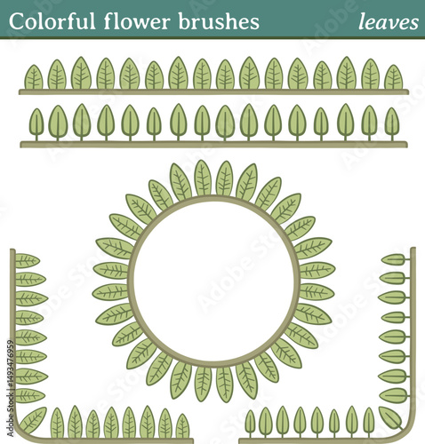 Colorful flower brushes, leaves. You can draw any line or path and apply one of these brushes. You can also create frames in different shapes (round, square, etc.), as all brushes include tiles for 