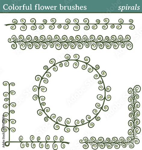 Colorful flower brushes, spirals. You can draw any line or path and apply one of these brushes. You can also create frames in different shapes (round, square, etc.), as all brushes include tiles for 