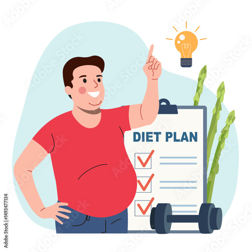 Sad man with the fat belly finding an idea on how to lose weight. Shiny light bulb. Vector flat cartoon illustration