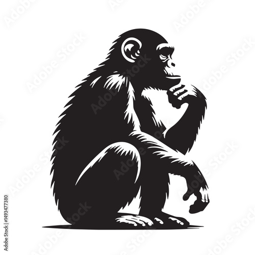 Black Color Chimpanzee Silhouette Vector Illustration, Solid White Background. minimal vector design
