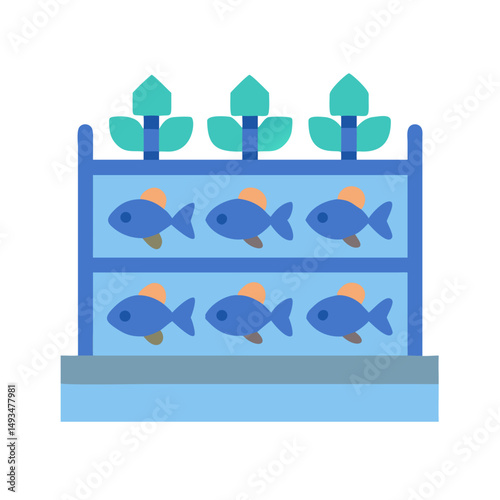 Fish and plants growing in water tank system
