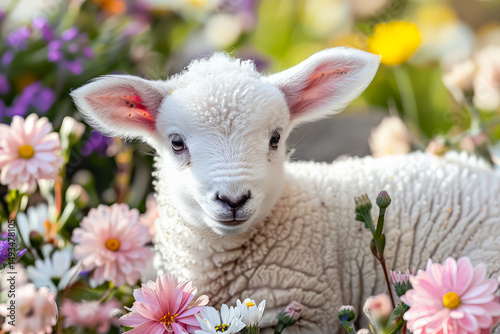 Baby lamb is laying in a field of flowers