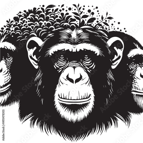 Black Color Chimpanzee Silhouette Vector Illustration, Solid White Background. minimal vector design