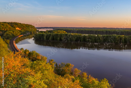 Golden-hour Mississippi River bend at Palisades State Park, Savanna IL