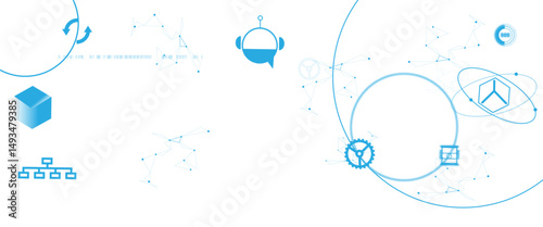 Vector icons connected in a futuristic interface on a light background.