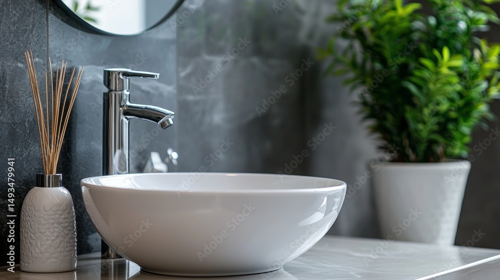 Fototapeta premium Modern bathroom with ceramic sink and plants in natural light for clean home spa decor concept