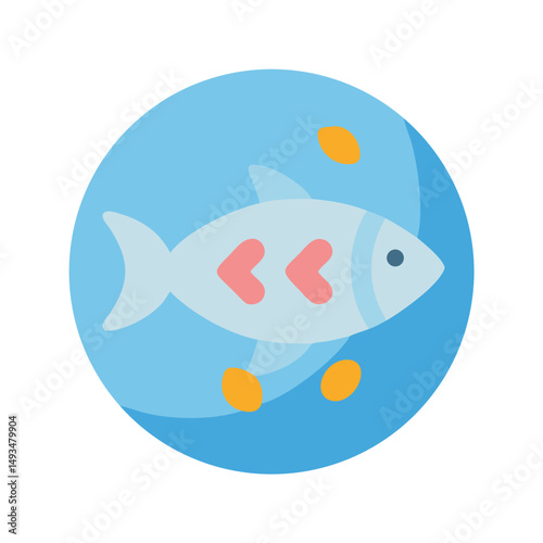 Stylized fish graphic in blue circle with accents