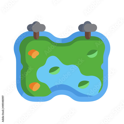 Stylized lake with trees flat lay illustration