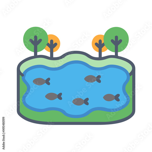 Flat graphic of pond with fish and trees