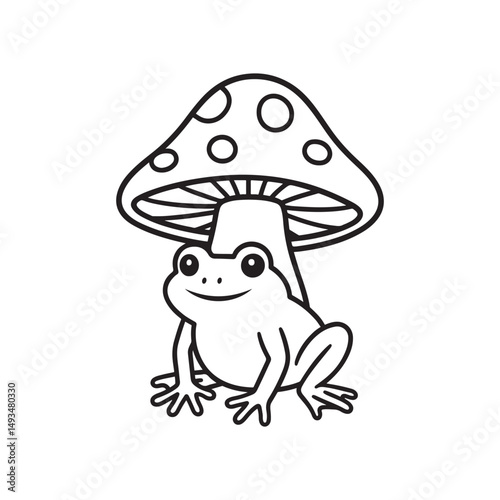 a vector illustration of a mushroom and there is a frog under the mushroom.