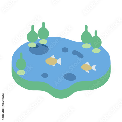 Stylized pond illustration with fish and plants
