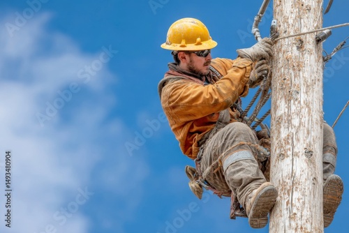 Worker in hard hat and protective gear climbs utility pole against blue sky, performing electrical line maintenance and repair