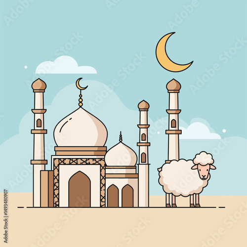 Cartoon Eid alAdha Illustration Mosque Crescent Moon and Sheep