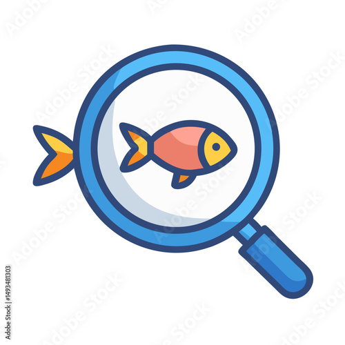 Fish under magnifying glass on black background icon