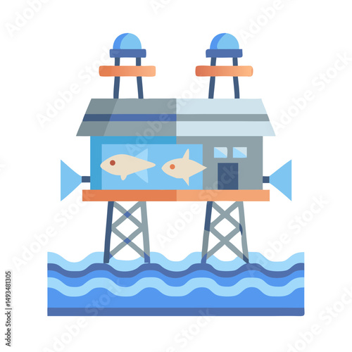 Flat design fish farm icon in the ocean