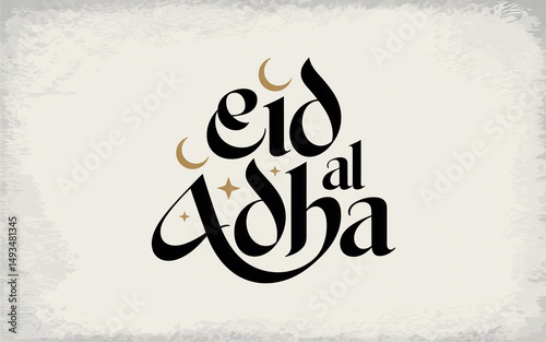 Eid al adha calligraphy with crescent moons and stars on a beige background