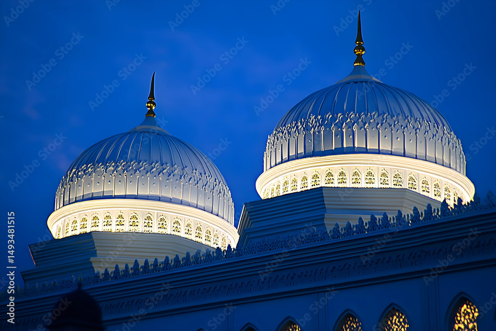 Obraz premium Twilight view of illuminated mosque domes with crescent finial