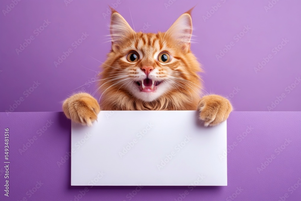 Pet billboard idea. Isolated cat on a solid attire purple background. Cat product poster. Сute adult cat ragamuffin hold in front paws a design draft - large white alley sign. Cute cat for s. Pet billboard idea. Isolated cat on a solid attire purple background. Cat product poster. Сute adult cat ragamuffin hold in front paws a design draft - large white alley sign. Cute cat for s.