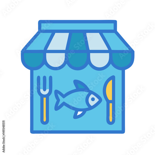 Cute blue seafood restaurant or fish shop icon
