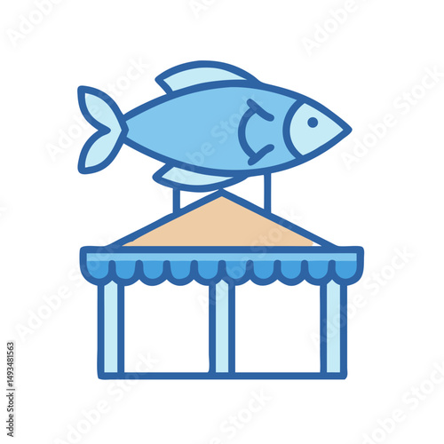 Stylized fish market illustration on black background
