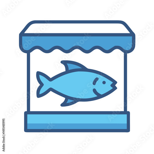 Stylized blue fish tank illustration against black background