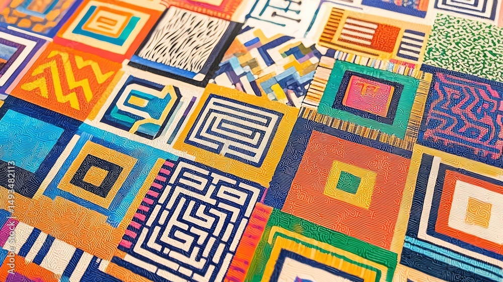 Obraz premium A vibrant mosaic of colorful geometric patterns creates a visual feast.