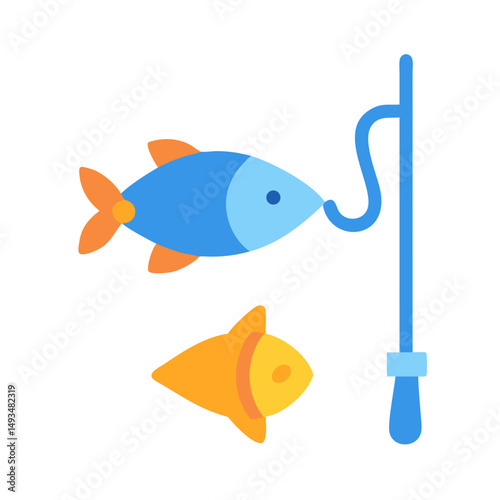 Blue and gold fish toy with fishing rod