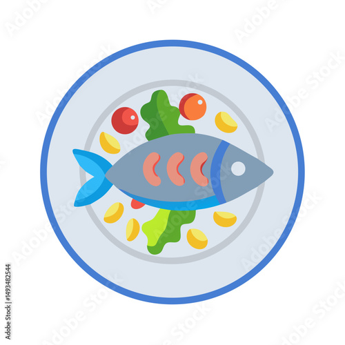 Stylized fish dish flat vector illustration on plate
