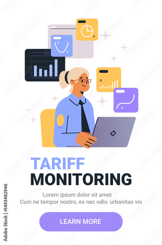 Tariff monitoring businesswoman analyzing data charts graphs on laptop. Professional attire with abstract background elements. Modern web design template Tariff monitoring businesswoman analyzing data charts graphs on laptop. Professional attire with abstract background elements. Modern web design template