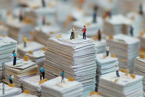 Miniature office workers organizing large stacks of documents in a huge filing room