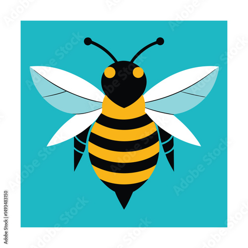Stylized illustration of a buzzing honey bee in a geometric design with contrasting colors