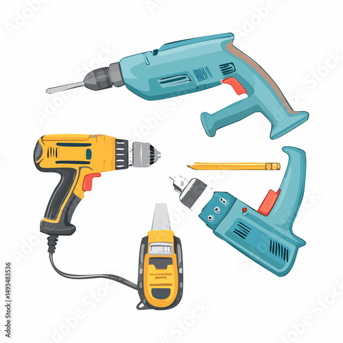 Assorted Electric Drills and Tools on White Background