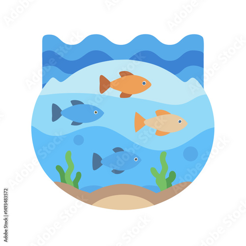 Stylized aquarium scene with colorful fish and plants
