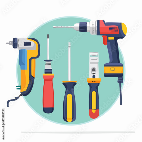 Assorted Hand and Power Tools on Teal Background