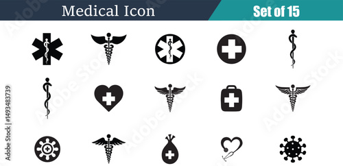 Medical Icons: A comprehensive compilation of vital medical symbols and emblems, perfect for representing healthcare, medicine, and related fields.