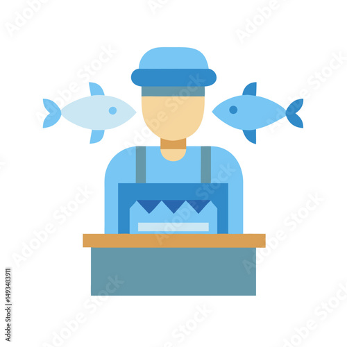Flat vector illustration of fishmonger with fresh catch