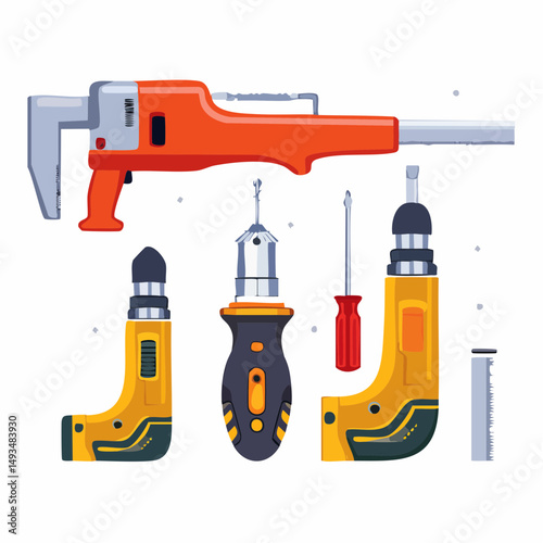 Assortment of Hand and Power Tools: Orange and Yellow Drills, Screwdrivers, and Wrench