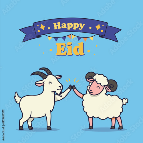 Cartoon Goat and Sheep HighFive Celebrating Happy Eid with Festive Banner