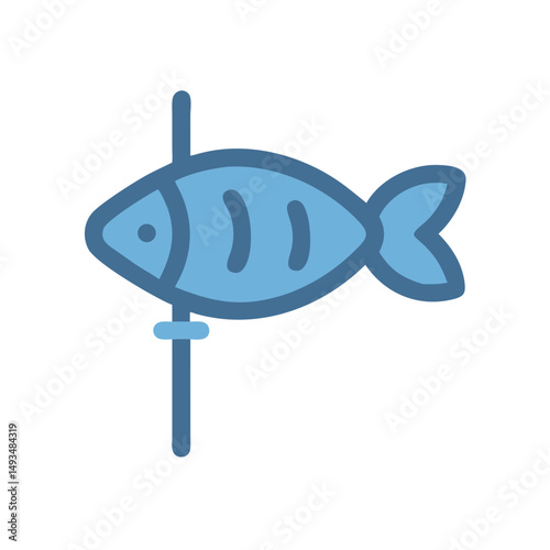 Stylized blue fish impaled on a fishing spear