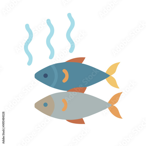 Stylized illustration of two cooked fishes with steam