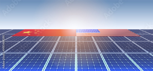 China US trade war solar energy concept flags on solar panels representing competition in renewable energy technology blue sky background